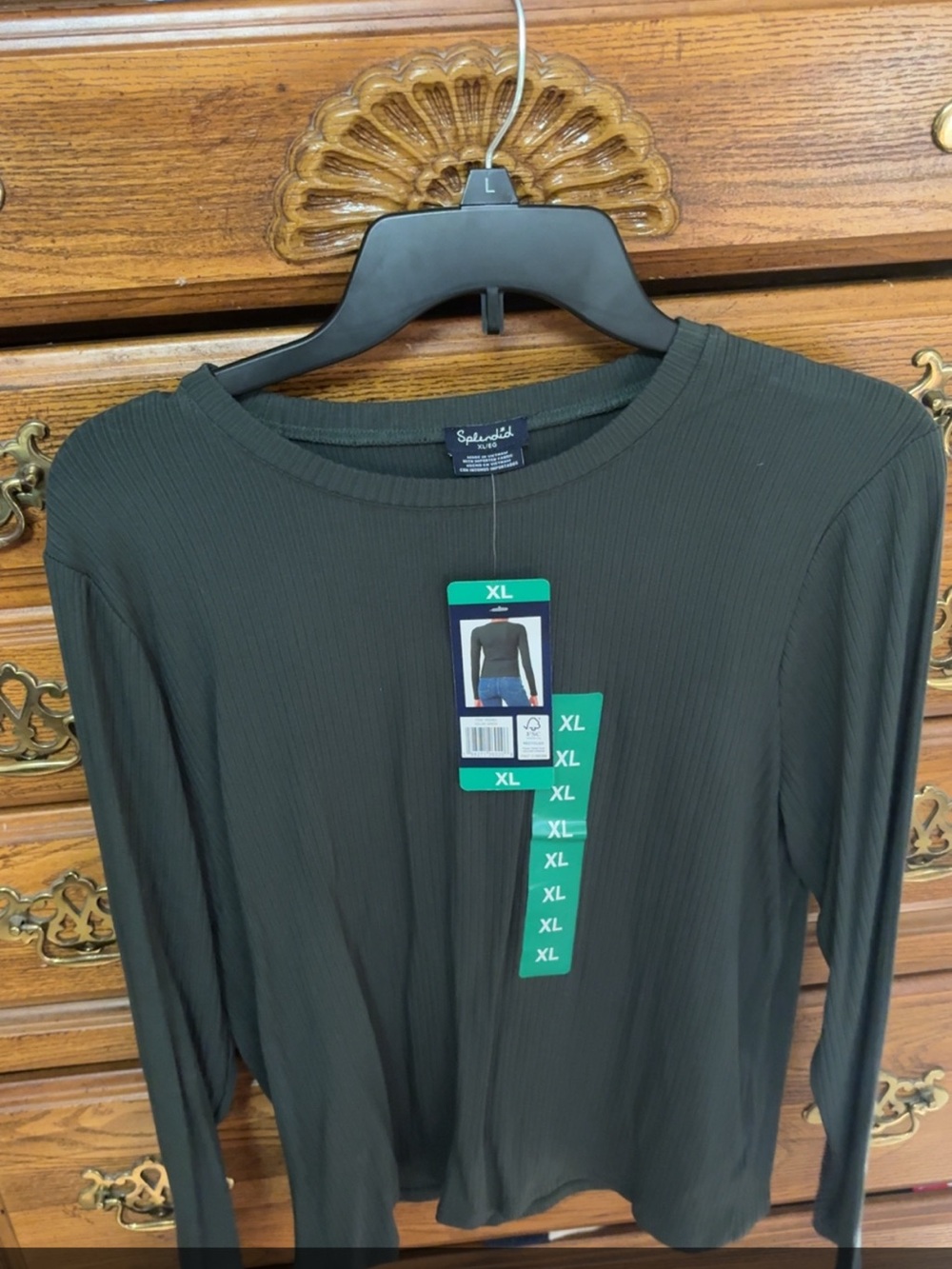 Splendid Olive Green Ribbed Long Sleeve Crew Top
